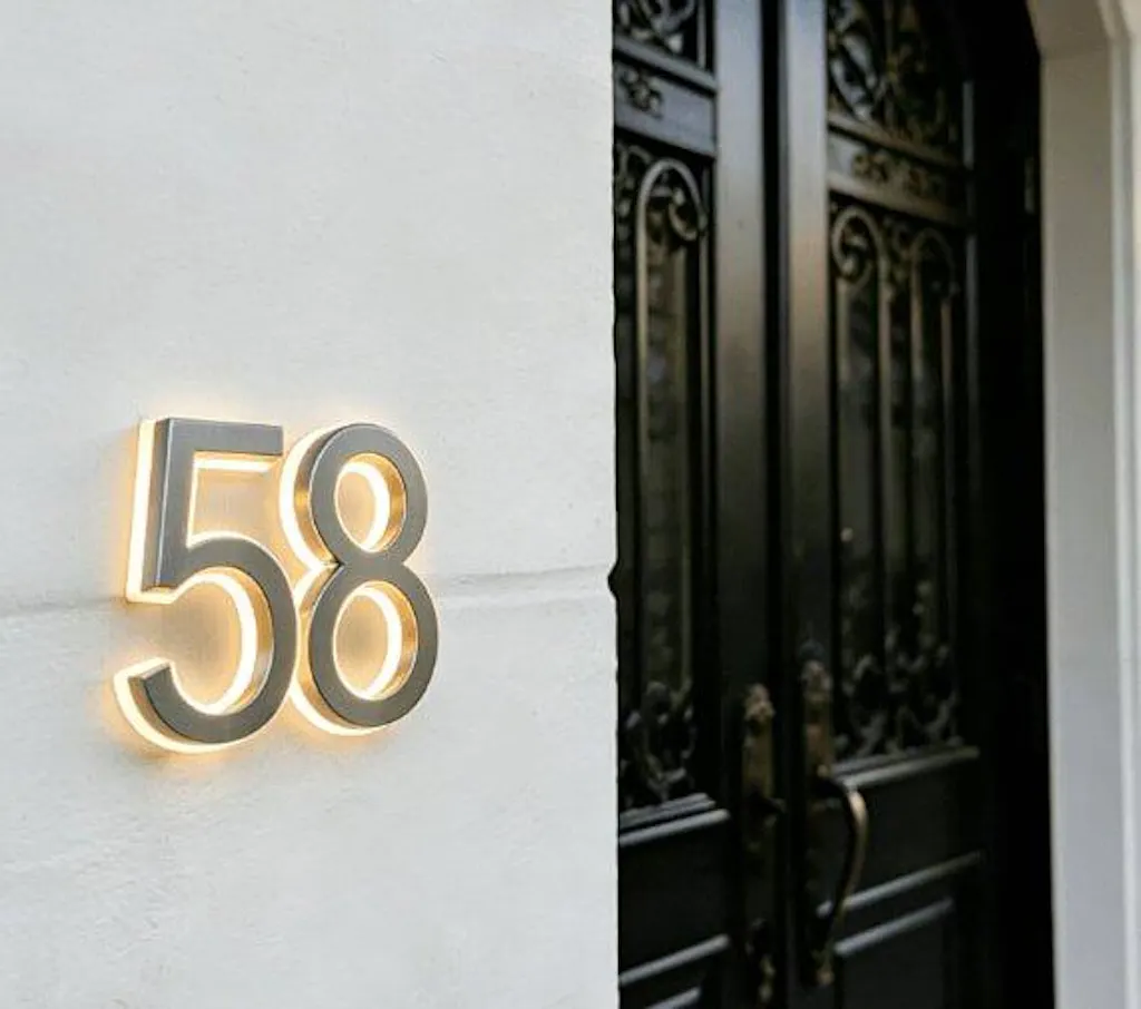 Backlit LED Stainless Steel Address Numbers - Modern Lighted House Signs in Brushed Silver Texture