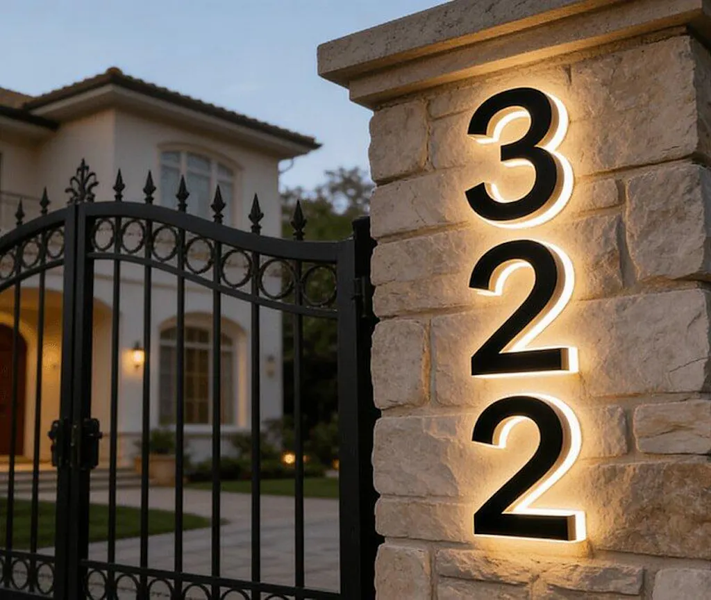 Backlit LED Stainless Steel Address Numbers - Modern Lighted House Signs in Brushed Silver Texture