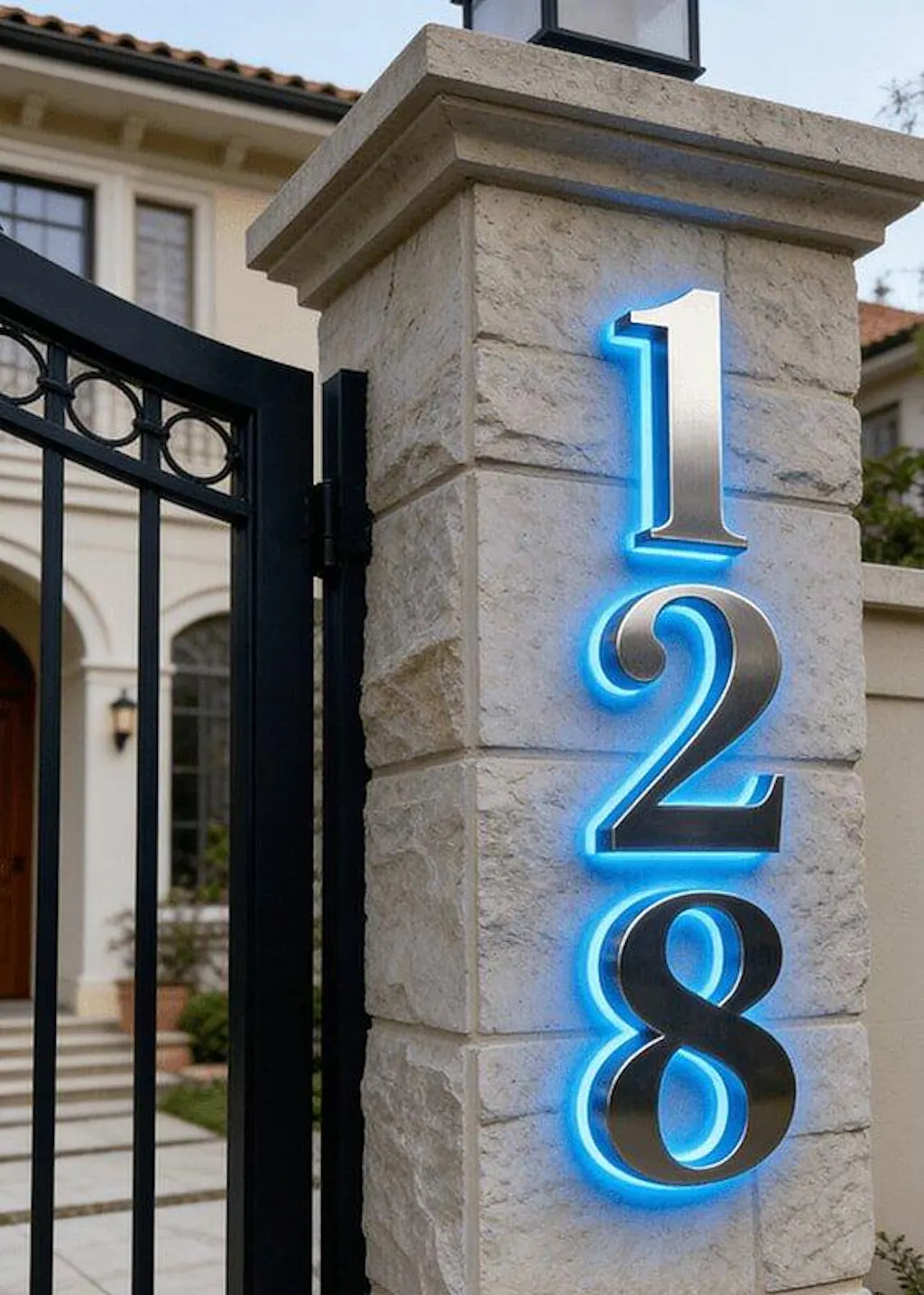 Backlit LED Stainless Steel Address Numbers - Modern Lighted House Signs in Brushed Silver Texture