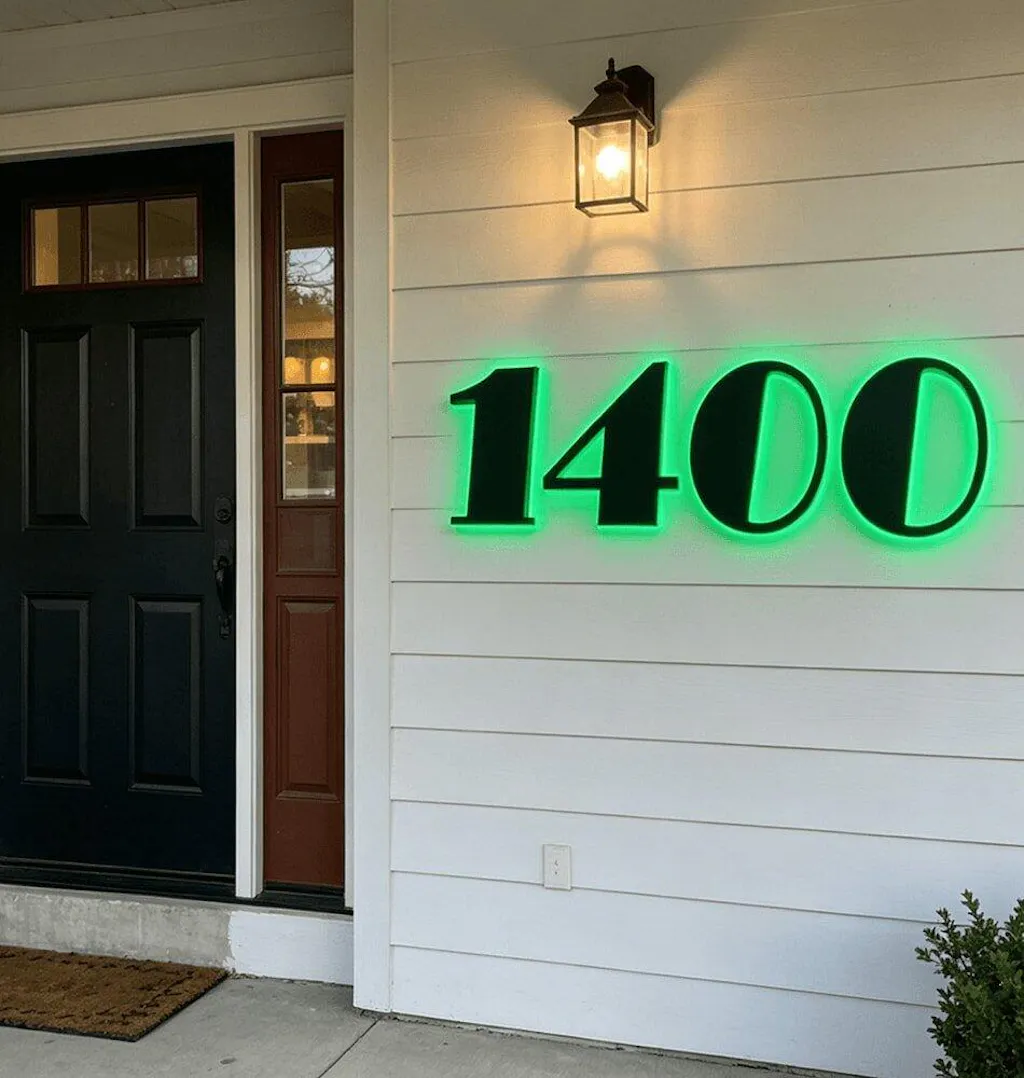Backlit LED Stainless Steel Address Numbers - Modern Lighted House Signs in Brushed Silver Texture