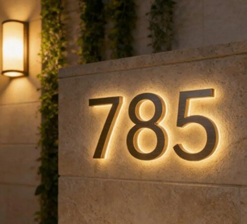 Backlit LED Stainless Steel Address Numbers - Modern Lighted House Signs in Brushed Silver Texture