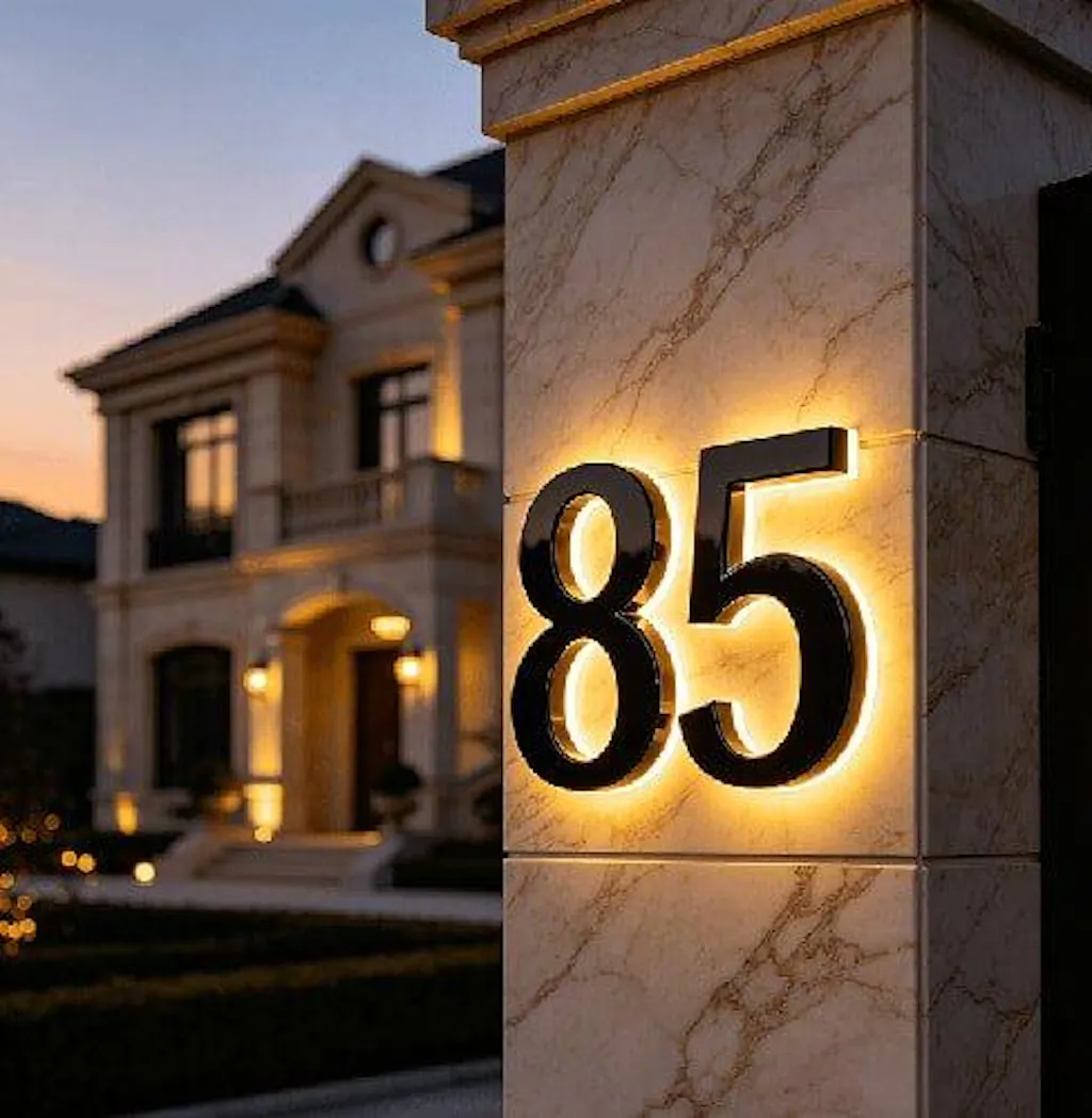 Backlit LED Stainless Steel Address Numbers - Modern Lighted House Signs in Brushed Silver Texture