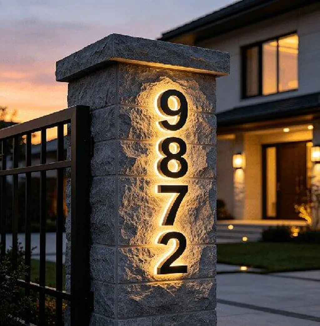 Backlit LED Stainless Steel Address Numbers - Modern Lighted House Signs in Brushed Silver Texture