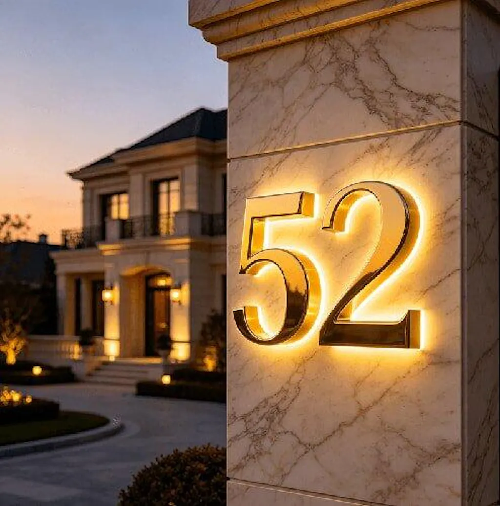 Backlit LED Stainless Steel Address Numbers - Modern Lighted House Signs in Brushed Silver Texture