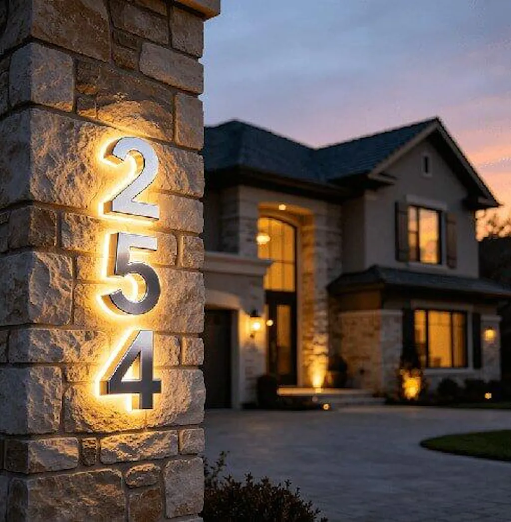 Backlit LED Stainless Steel Address Numbers - Modern Lighted House Signs in Brushed Silver Texture