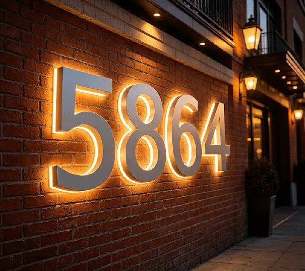 Backlit LED Stainless Steel Address Numbers - Modern Lighted House Signs in Brushed Silver Texture