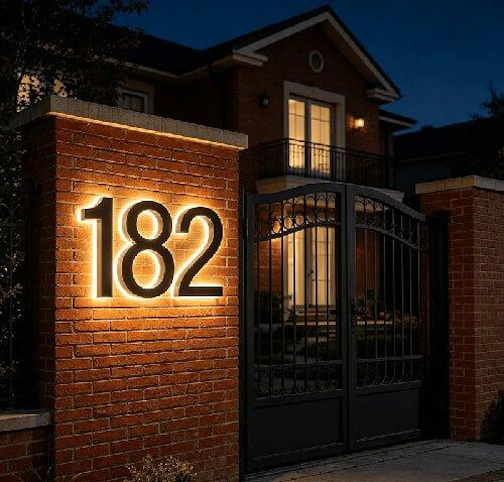 Backlit LED Stainless Steel Address Numbers - Modern Lighted House Signs in Brushed Silver Texture