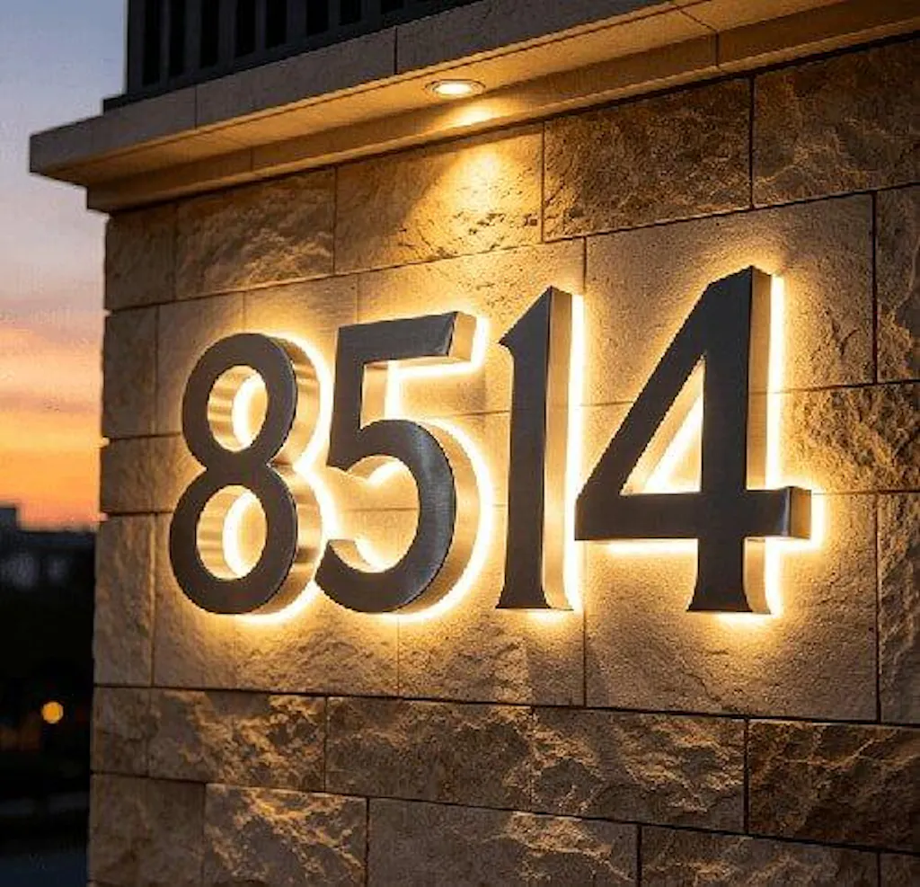Backlit LED Stainless Steel Address Numbers - Modern Lighted House Signs in Brushed Silver Texture