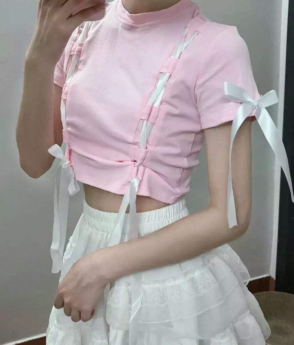 y2k00s❤︎ coquette Fairygrunge ダークコア　トップス Fairy Grunge Mesh Blouse Fairycore Eyes Printed Crop Tops