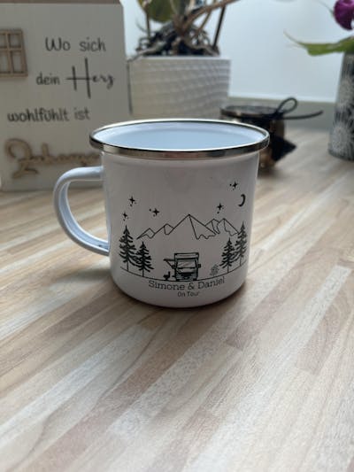 Personalisierte Emaille Camping Tasse Wohnmobil / Wohnwagen