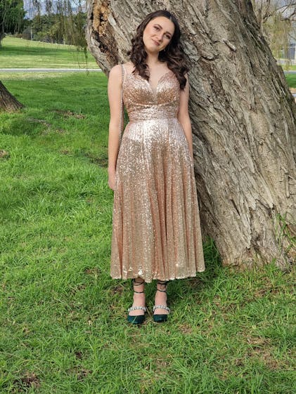 ROSE GOLD TEA-LENGTH SEQUIN DRESS-CH189S (RENTAL)