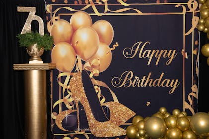 Gold Heels and Balloons Black Happy Birthday Backdrop – Lofaris