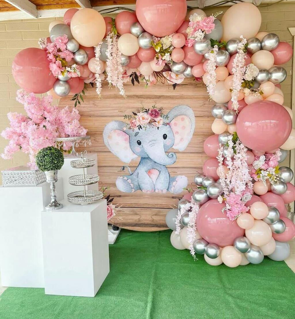 Pink Floral And Elephant Round Log Baby Shower Backdrop – Lofaris