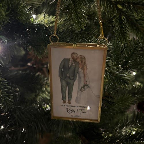 Personalized Watercolor Portrait First Christmas Married Frame Ornament