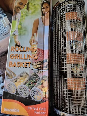 Set of 2 Stainless Steel Rolling Grill Baskets with Removable Wooden Handles
