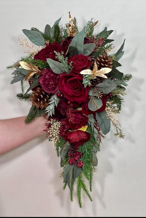 Wedding Cascade Christmas Bouquet Cascading White Winter Red Christmas Bridal Ivory Rustic Bridesmaids Bouquet Gold Christmas Tree Pine Cone