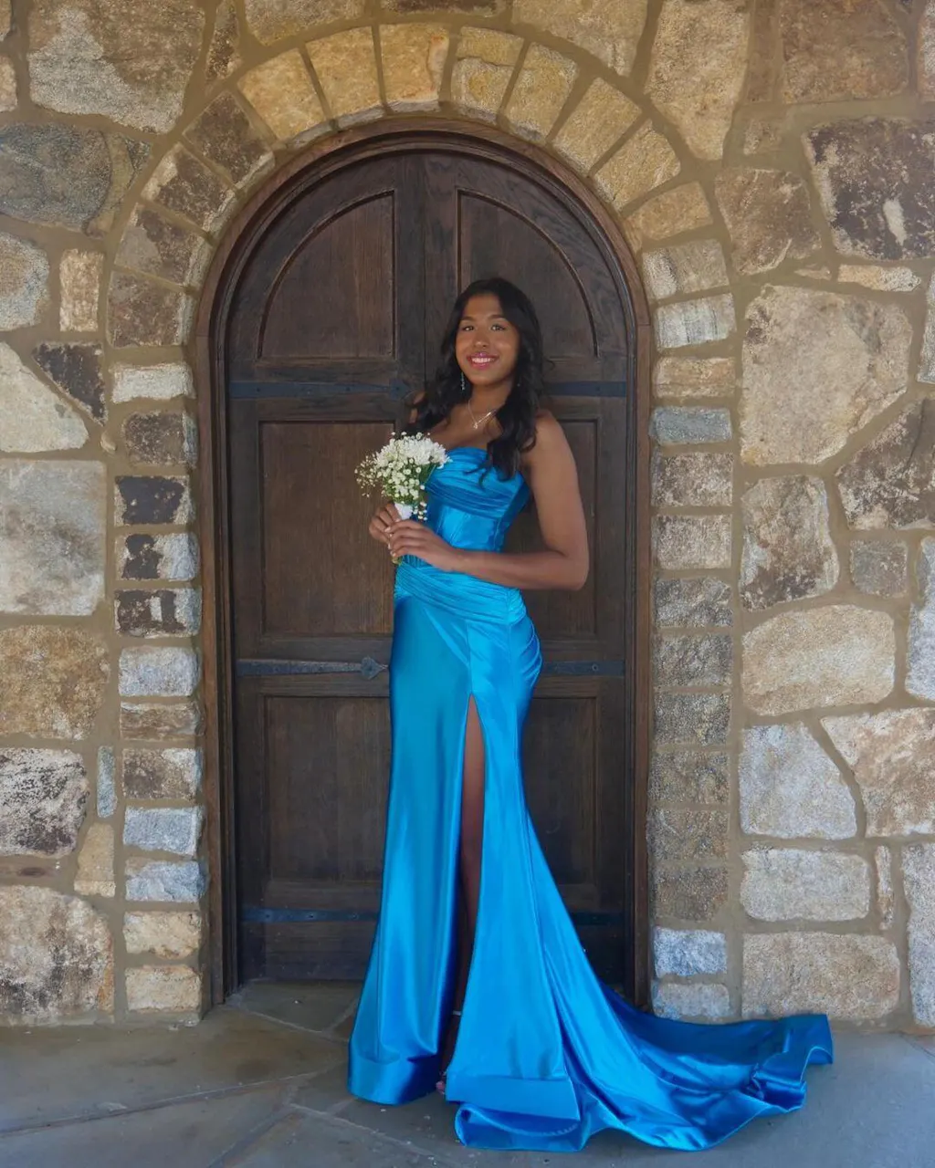 Pretty Mermaid Straps Blue Satin Prom Dresses Long Party Dress main image 1