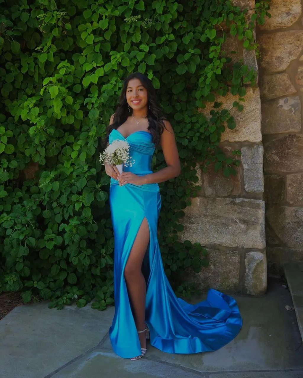 Side Split Strapless Long Mermaid Blue Satin Prom Dress with Rhinestones