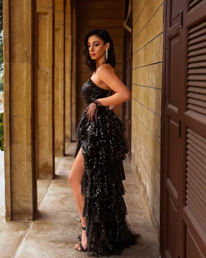 Luuvis Sparkly A Line Strapless Black Corset Prom Dress with Ruffles Luuvis Sparkly A Line Strapless Black Corset Prom Dress with Ruffles