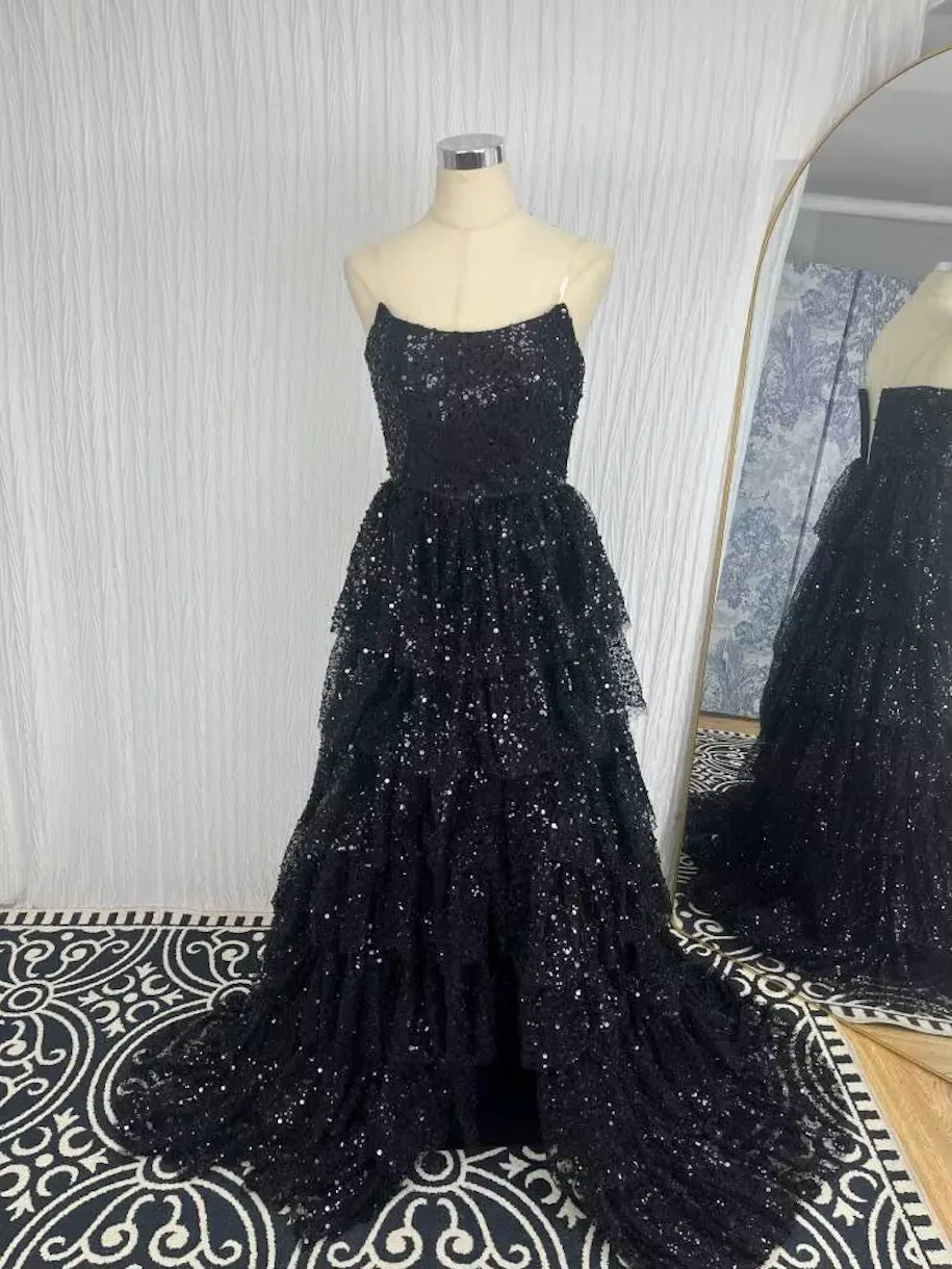 Luuvis Sparkly A Line Strapless Black Corset Prom Dress with Ruffles Luuvis Sparkly A Line Strapless Black Corset Prom Dress with Ruffles