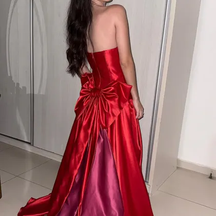 Luuvis Women Red Long Prom Dress Charming A Line Strapless Formal Dress  with Bowknot