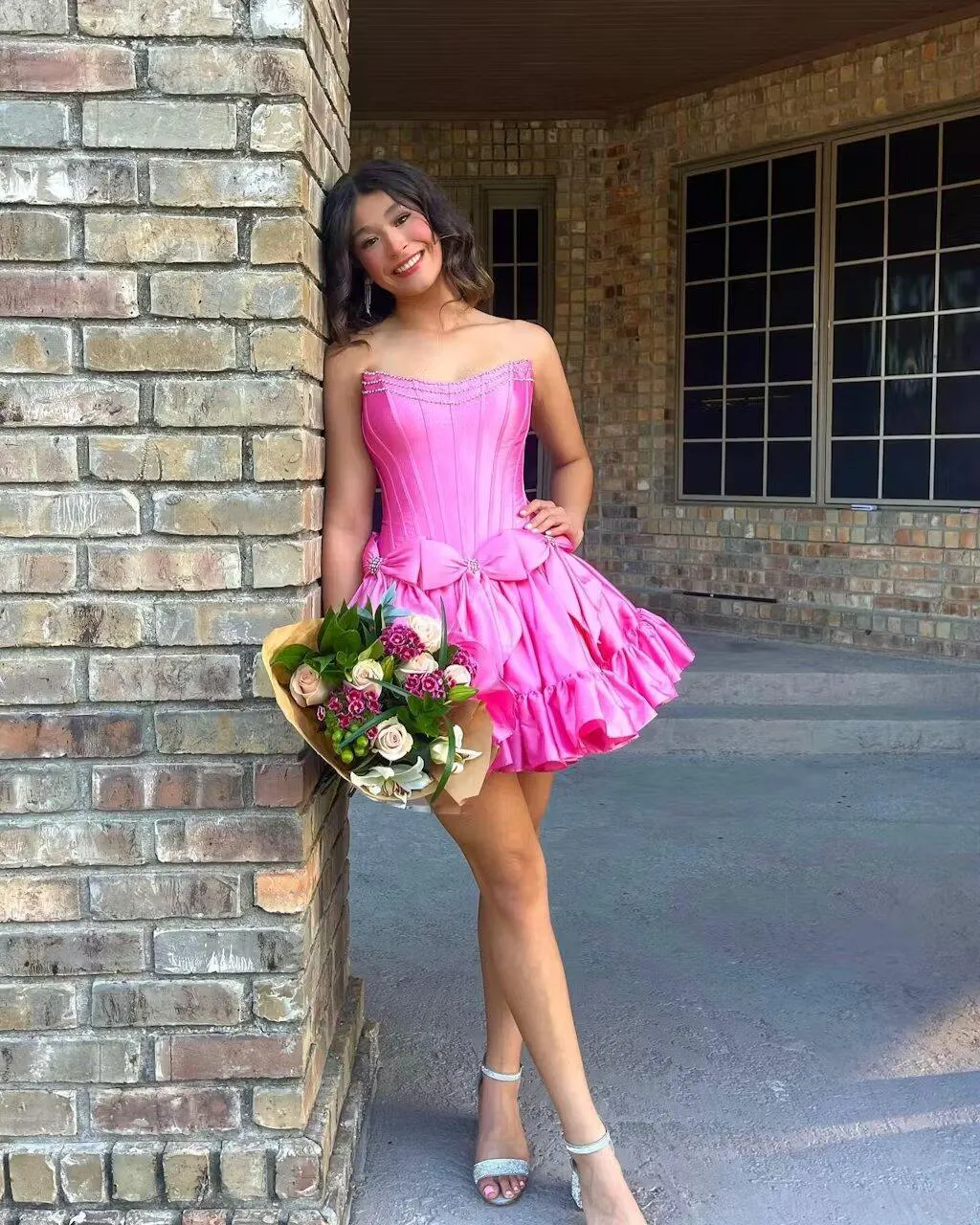 Cute A-Line Strapless Short Satin Homecoming Dress With Bowknot