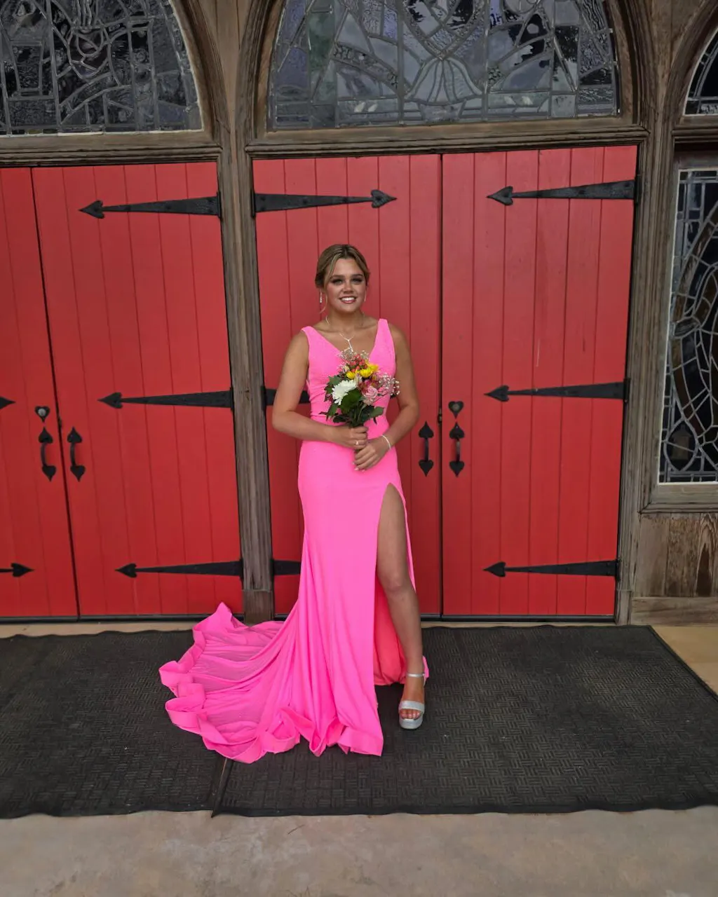 Mermaid V Neck Sleeveless Straps Sweep Pink Lace Prom Dress, Beading main image 0