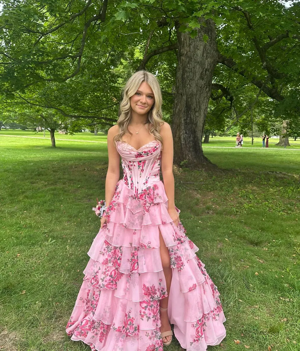 Cute A-Line Sweetheart Pink Ruffle Tiered Long Prom Dresses LD16011503 main image 0