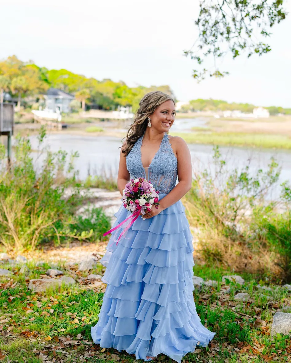 Luuvis Women Blue A-Line Halter Neck Lace Top Long Tiered Chiffon Prom Dress With Slit Luuvis Women Blue A-Line Halter Neck Lace Top Long Tiered Chiffon Prom Dress With Slit