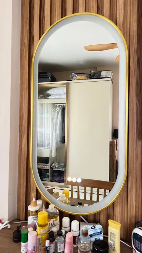 LUVODI Capsule Shape LED Bathroom Mirror with Gold Aluminum Alloy Narrow Frame Defogging 3 Color