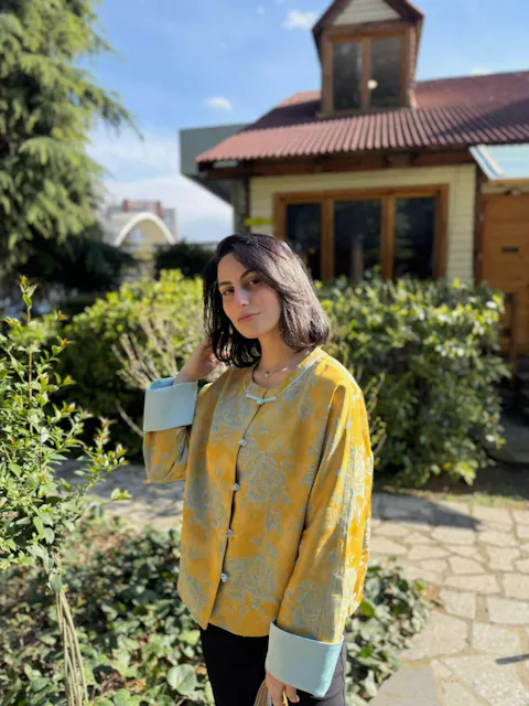 Yellow Peony Jacquard Tang Jacket with Frog Buttons | Modern Chinese Style