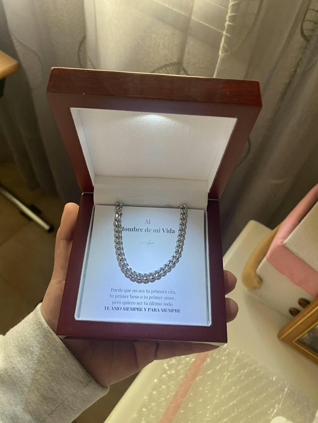 Collar Cuban Style® Plateado para mi Hombre (con carta dedicada y Caja con Luz)