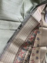 Muted Pista Green - Roopa - Premium Chappa semi Tussar with Kantha Stich Border -  Perfect for Small Functions