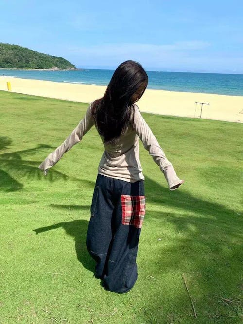 Scimitar plaid patchwork baggy radish jeans