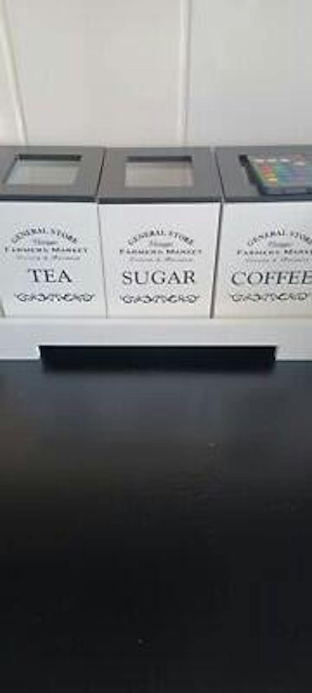 White Tea, Coffee & Sugar Canisters (Set of 3) with Stand