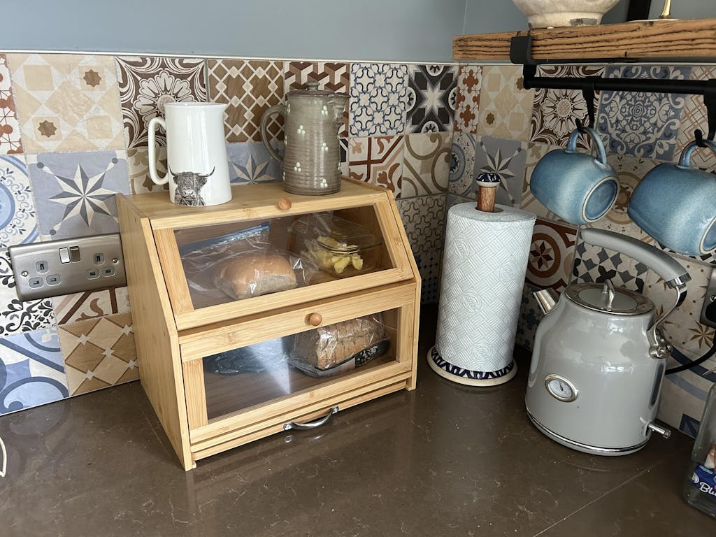 Large 2-Compartment Bamboo Bread Bin with Sliding Chopping Board