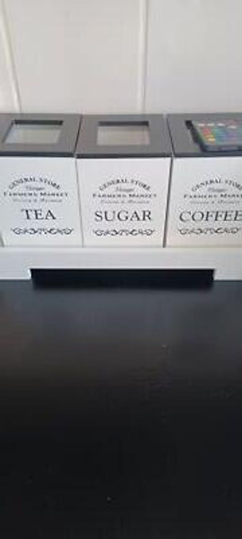 White Tea, Coffee & Sugar Canisters (Set of 3) with Stand