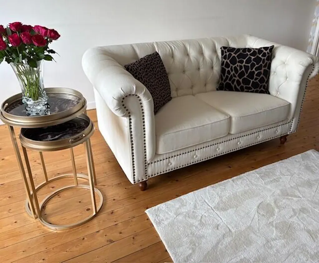 Golden Nesting Table Set with Decorative Marble Effect Glass Top