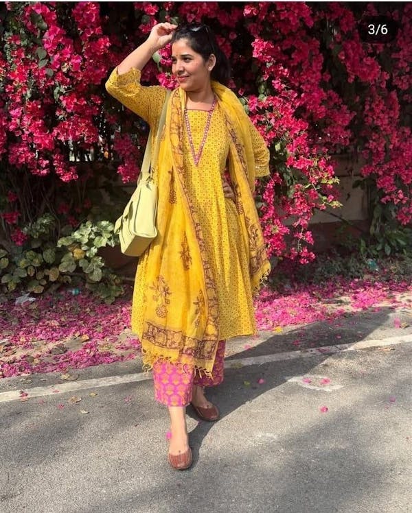 Discharge Gold Yellow Print Aline Kurta with Pant and Dupatta. (set of 3)