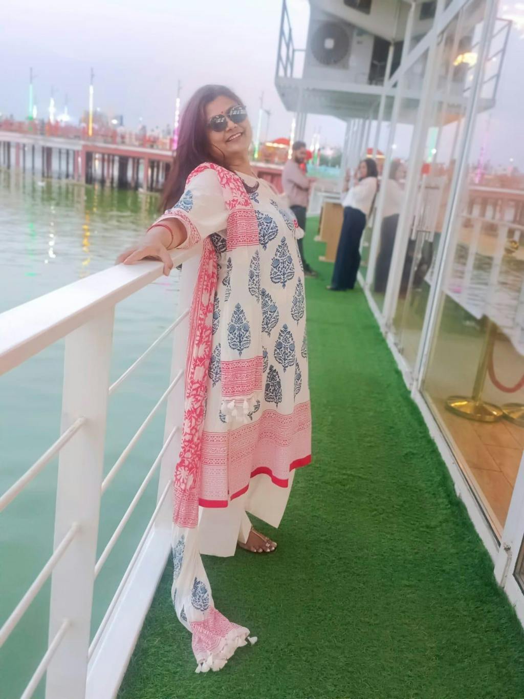 Dobby Blue Hand-Block Print A-line Kurta Set (Set of  3)