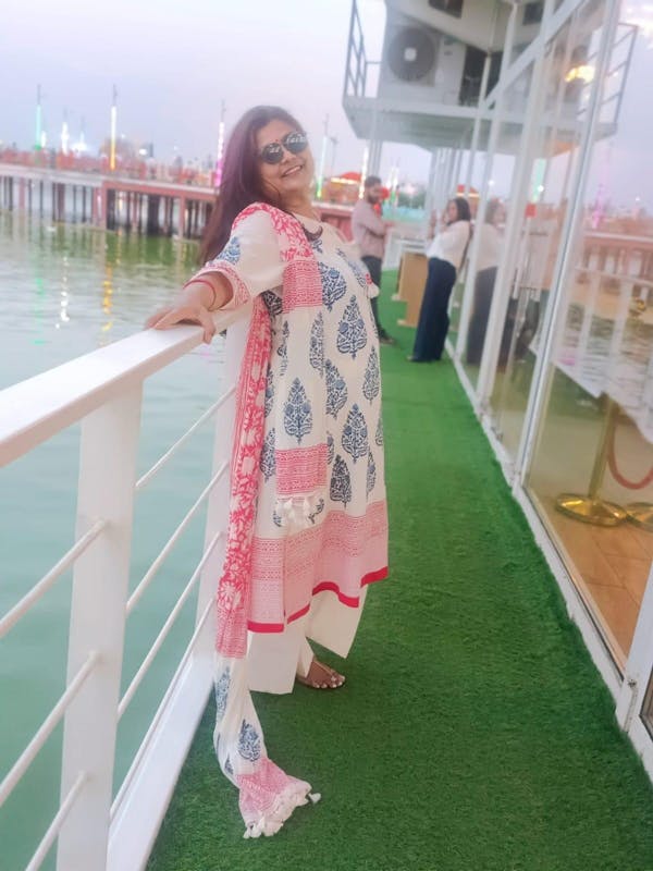 Dobby Blue Hand-Block Print A-line Kurta Set (Set of  3)