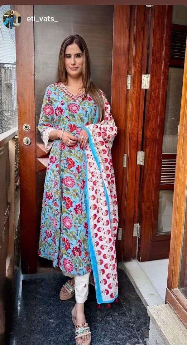 Teal Blue Floral Anarkali Kurta with Pant & Dupatta (Set of 3)