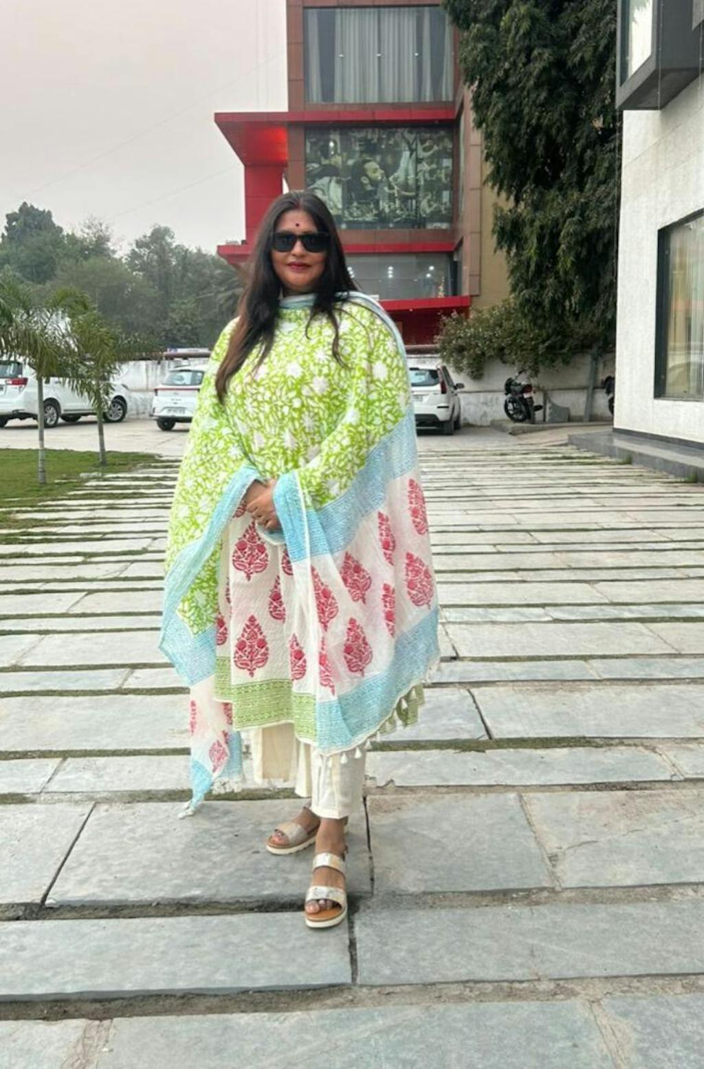 Red Hand-Block Print Anarkali Suit with Dupatta (Set of 3)