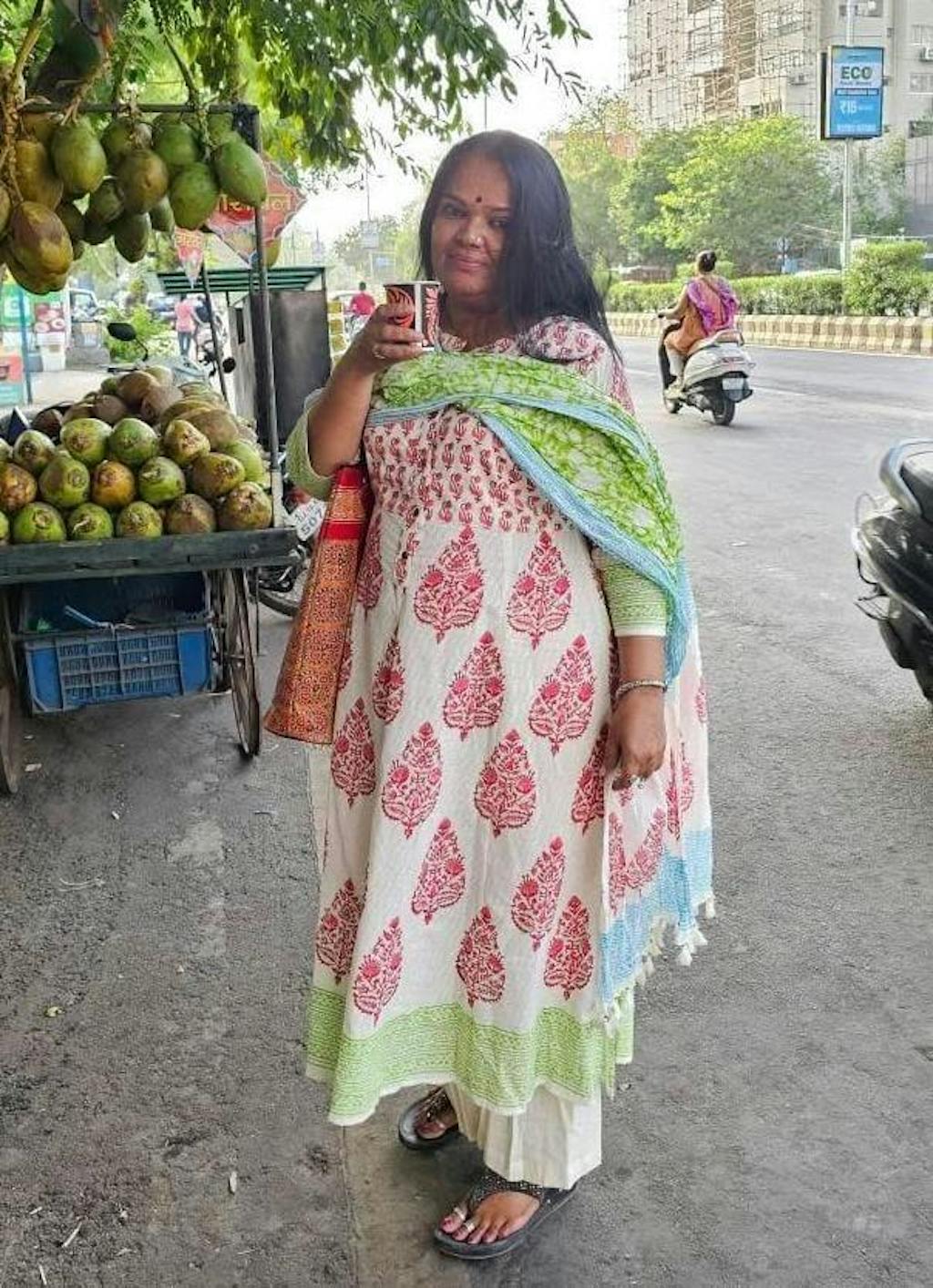 Sanganeri Rose Print Flared Kurta with Pant and Dupatta (set of 3)