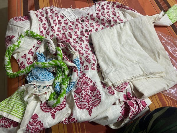 Red Hand-Block Print Anarkali Suit with Dupatta (Set of 3)