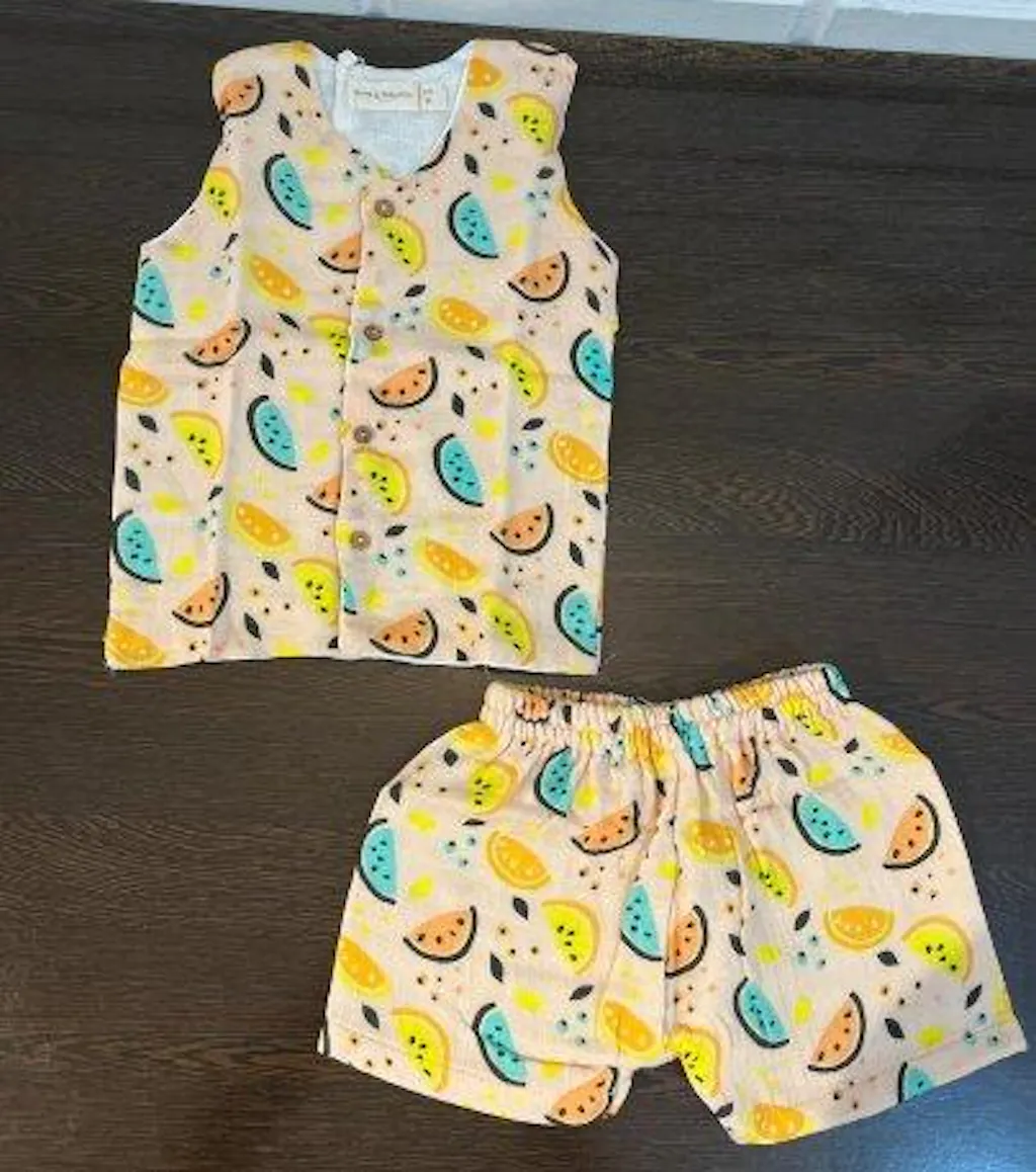 Vibrant Lemons Muslin Jhabla Top with Shorts