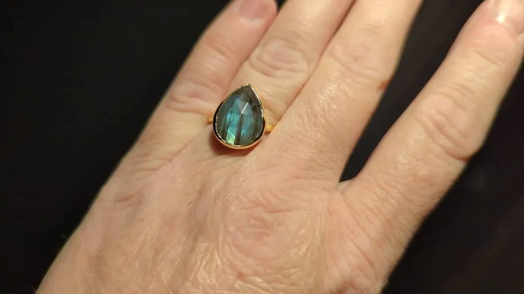 Lia Rainbow Labradorite Tear Drop Ring ~ 18k Gold Plated ~ MR009