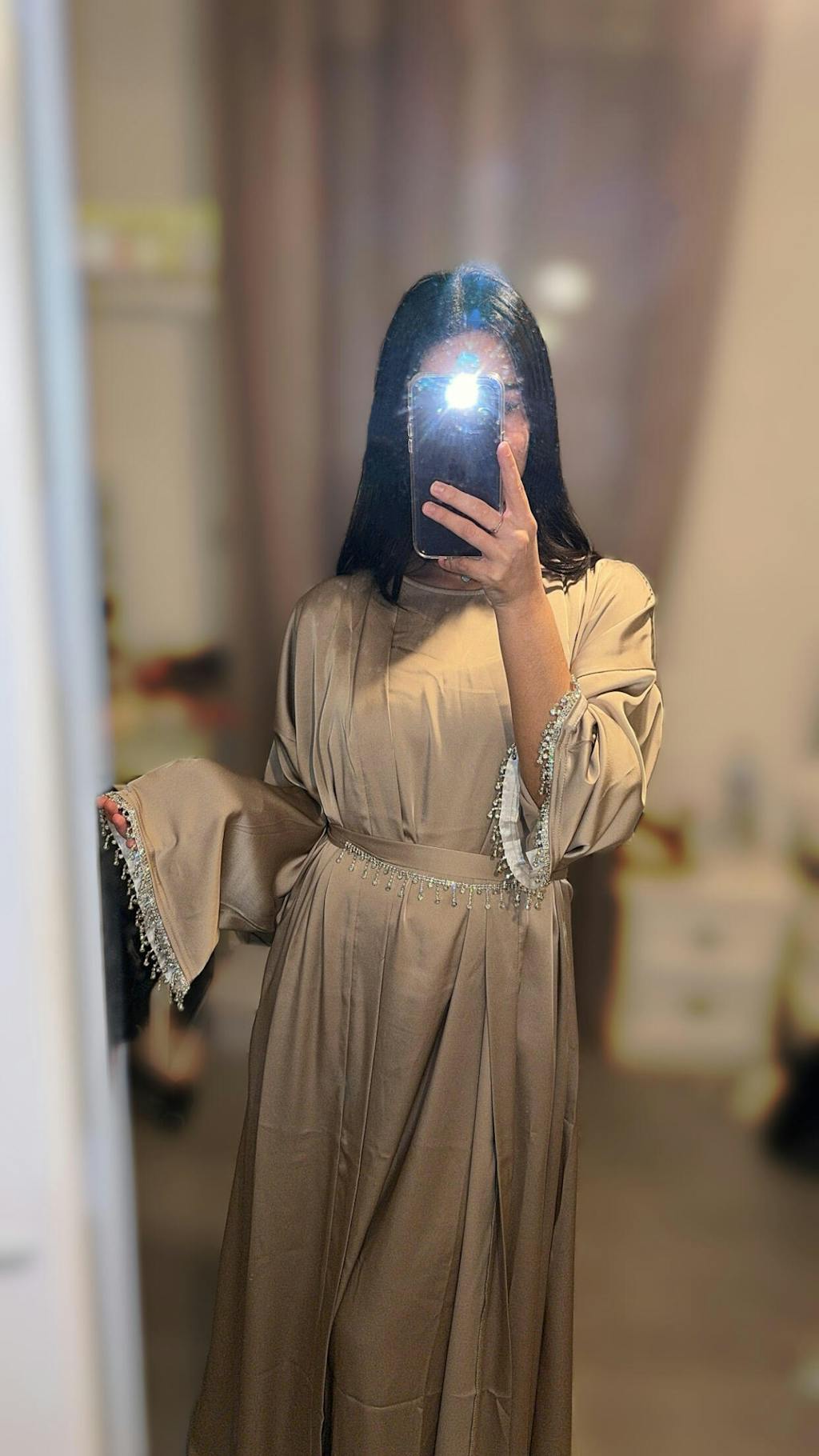 Satin Abaya With Matching Belt Made Of Diamond Tassel (MOA010)