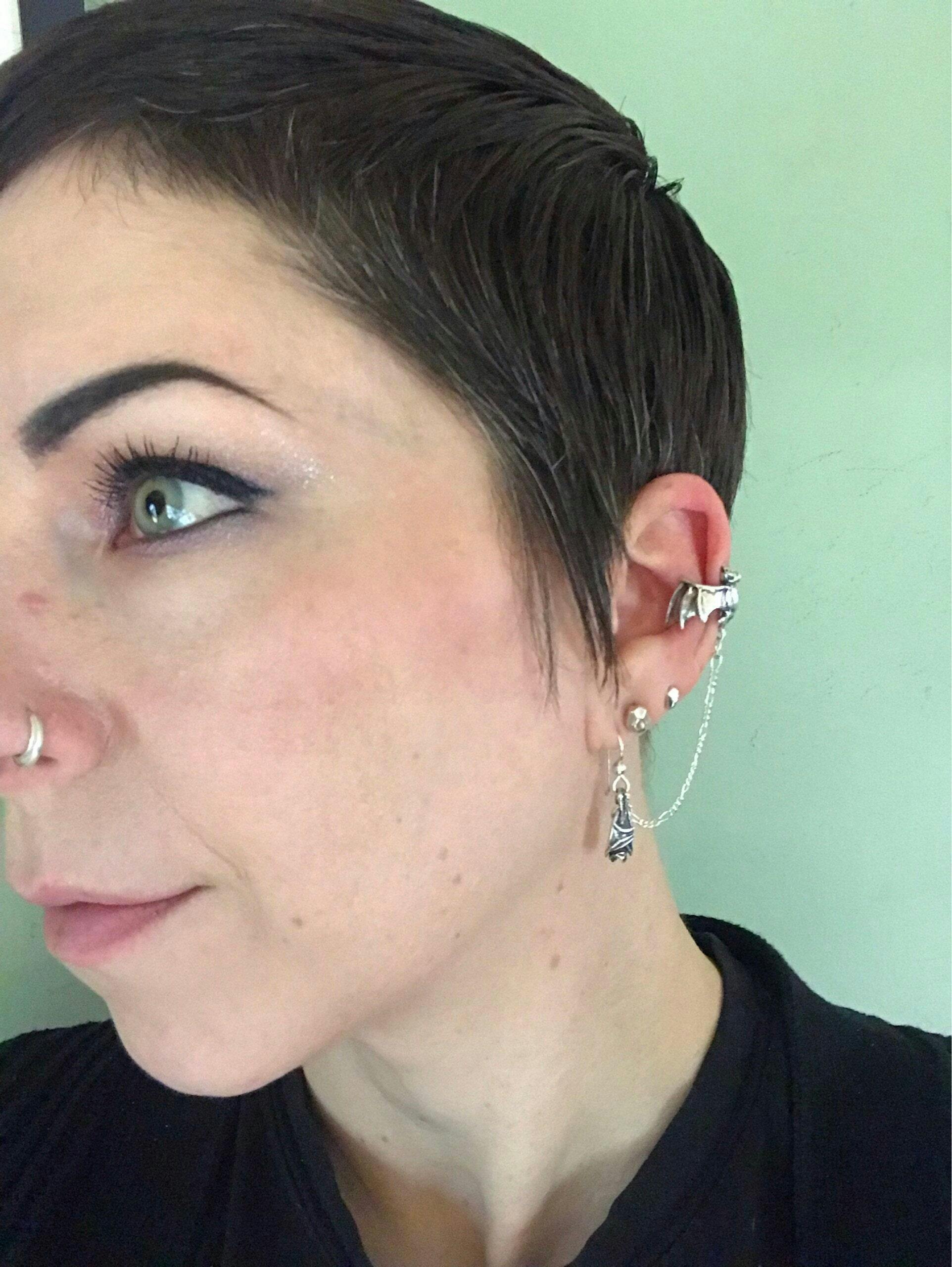 Tiny Bat Ear Cuff and Bat Briolette Bajoran - Sterling Silver