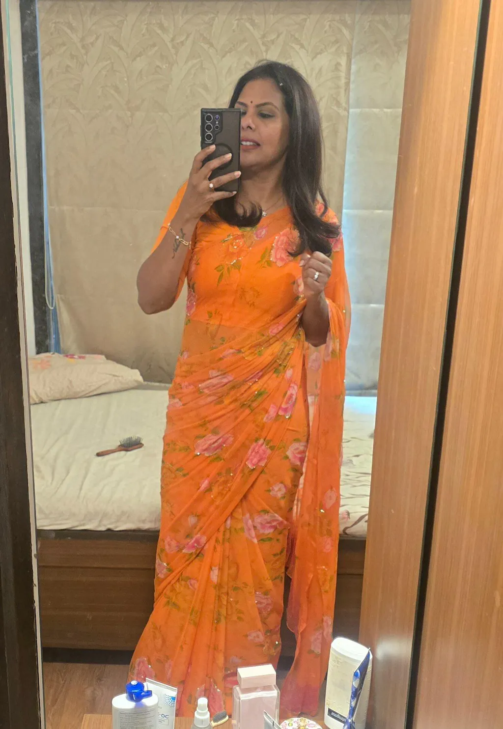 Vintage Orange - Floral Printed & Embroidered Chiffon Saree